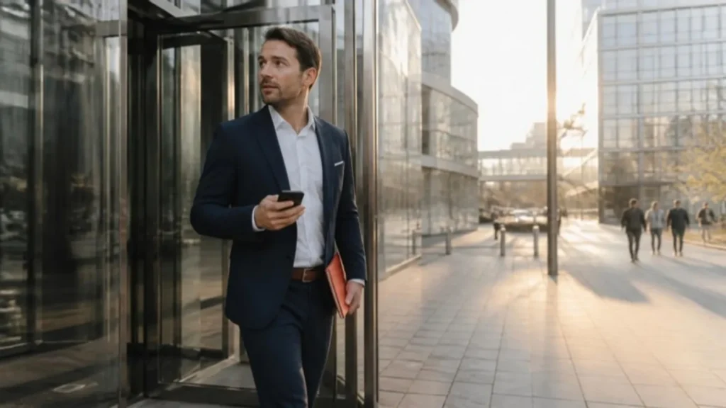 Commercial en déplacement devant un immeuble de bureaux