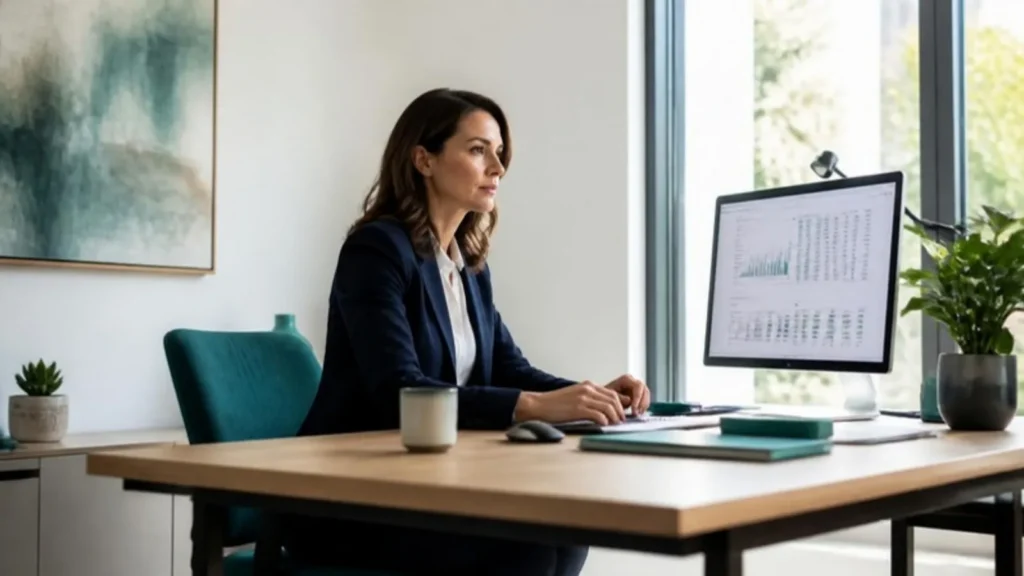 Directrice financière devant ses tableaux de bord